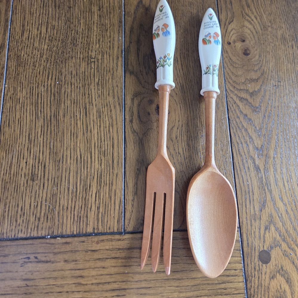 Vintage Salad Serve Set Popular Souvenir Mid Century Wood With Ceramic Handles